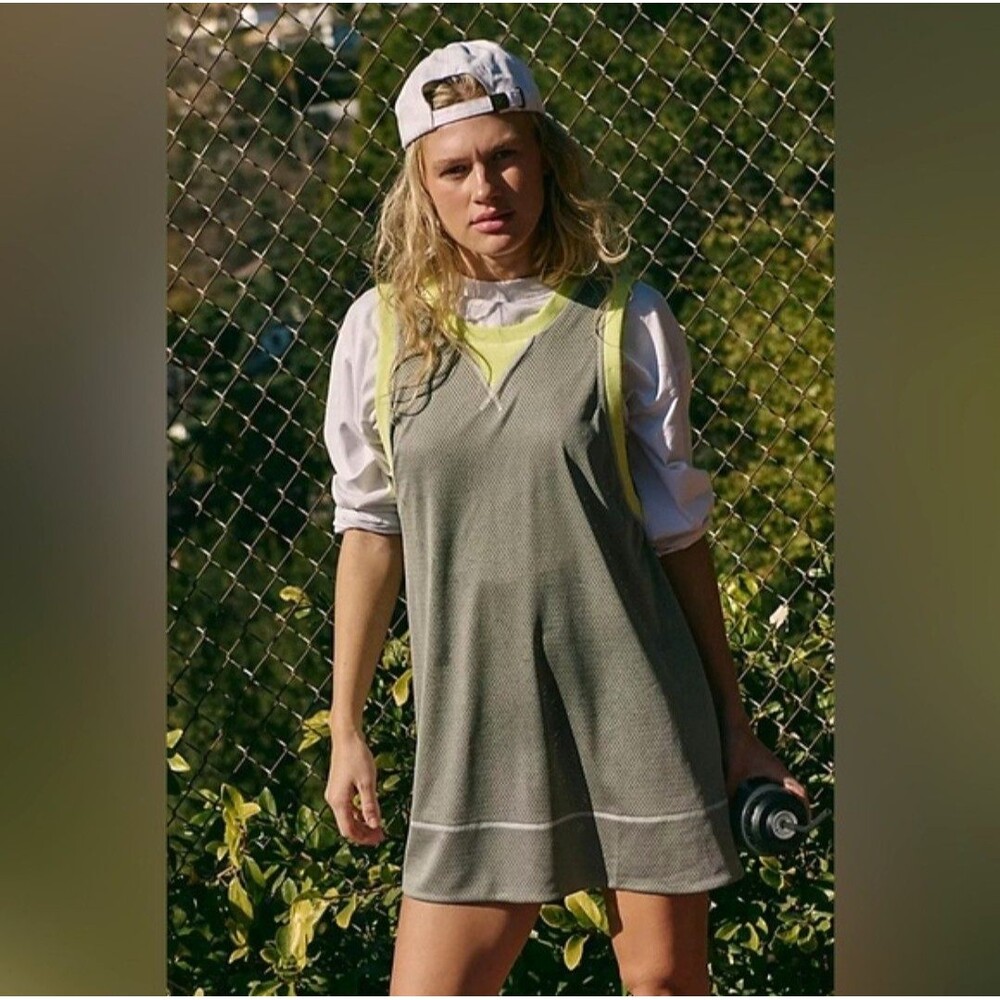 NEW Free People FP Movement Active Dress Small Gray Mesh Neon Yellow "Walk Out"